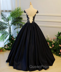 Black round neck satin long Evening Prom gown, black evening Dresses