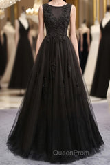 Black round neck tulle lace long Evening Prom Dresses, black evening Dresses