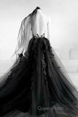 Black Round Neck Tulle Lace Long Evening Prom Dresses Black Tulle Formal Dresses