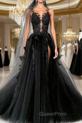 Black Round Neck Tulle Lace Long Evening Prom Dresses Black Tulle Formal Dresses
