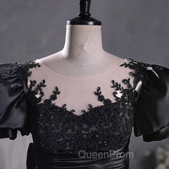 Black Satin A-line Floor Length Long Party Dresses with Lace, Black Long Evening Dresses
