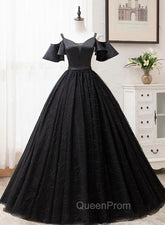 Black Satin and Tulle Ball Gown Off Shoulder Evening Dresses Party Gown, Black Long Evening Dresses