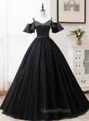 Black Satin and Tulle Ball Gown Off Shoulder Evening Dresses Party Gown, Black Long Evening Dresses