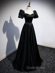 Black Satin Beaded Floor Length Evening Prom Dresses, Black A-Line Short Sleeve Evening Dresses