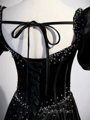 Black Satin Beaded Floor Length Evening Prom Dresses, Black A-Line Short Sleeve Evening Dresses