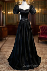 Black Satin Beaded Floor Length Evening Prom Dresses, Black A-Line Short Sleeve Evening Dresses