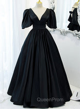 Black Satin Deep V-neckline Long Evening Dresses, Black Evening Dresses Evening Prom Dresses