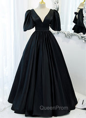 Black Satin Deep V-neckline Long Evening Dresses, Black Evening Dresses Evening Prom Dresses