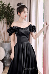 Black Satin Floor Length A-Line Evening Prom Dresses, Off The Shoulder Evening Party Dresses
