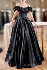 Black Satin Floor Length A-Line Evening Prom Dresses, Off The Shoulder Evening Party Dresses