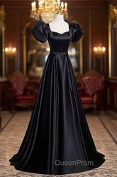 Black Satin Floor Length Evening Prom Dresses, Simple Black Short Sleeve Evening Dresses