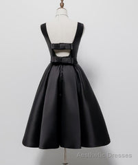 Black Satin Knee Length Round Neckline Party Dress, Black Short Prom Dress