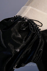 Black Satin Long Evening Prom Dresses, Black A-Line Short Sleeve Evening Dresses