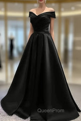 Black Satin Off Shoulder Long Simple Evening Dresses Evening Dresses, Black Party Dresses