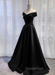 Black Satin Off Shoulder Long Simple Evening Dresses Evening Dresses, Black Party Dresses