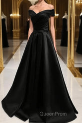 Black Satin Off Shoulder Long Simple Evening Dresses Formal Dresses,Stunning Party Gown