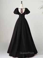 Black Satin Puffy Sleeves Long Evening Party Dresses, Black Long Evening Prom Dresses