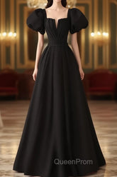 Black Satin Puffy Sleeves Long Evening Party Dresses, Black Long Evening Prom Dresses