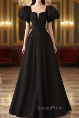 Black Satin Puffy Sleeves Long Evening Party Dresses, Black Long Evening Prom Dresses