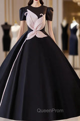 Black Satin Short Sleeve Ball Gown Evening Prom Dresses