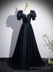 Black Satin Short Sleeve Pleats Prom Dress