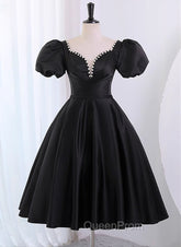 Black Satin Short Sleeves Knee Length Party Dresses, Black Homecoming Dresses