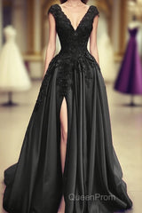 Black Satin Slit Dresses With Lace Embroidery Evening Prom Dresses