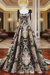 Black Satin Straps A-line Floral Long Evening Dresses, Black Evening Dresses