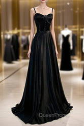 Black Satin Straps Long Party Dresses, Black Sweetheart Long Evening Dresses Evening Prom Dresses