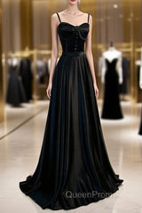 Black Satin Straps Long Party Dresses, Black Sweetheart Long Evening Dresses Evening Prom Dresses