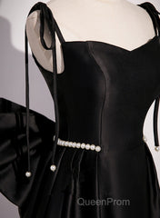 Black Satin Sweetheart Long Evening Prom Dresses With Bow, Black Long Evening Dresses