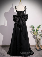 Black Satin Sweetheart Long Evening Prom Dresses With Bow, Black Long Evening Dresses