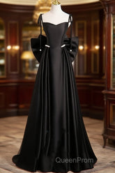 Black Satin Sweetheart Long Evening Prom Dresses With Bow, Black Long Evening Dresses