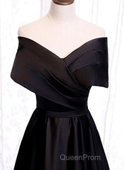 Black Satin Sweetheart Off Shoulder Party Dresses, Black A-Line Long Formal Dresses