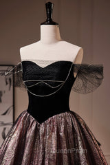 Black Satin Tulle Long Evening Prom Dresses, A-Line Off Shoulder Evening Dresses Evening Dresses