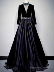 Black Satin Velvet Long Sleeve Crystal Prom Dress