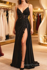 Black Satin With Lace V-Neckline With Leg Slit Evening Prom Dresses, Black Evening Prom Dresses
