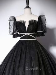 Black Scoop Neckline Long Evening Prom Dresses, Shiny Tulle Black Evening Dresses