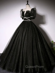 Black Scoop Neckline Long Evening Prom Dresses, Shiny Tulle Black Evening Dresses
