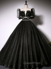 Black Scoop Neckline Long Evening Prom Dresses, Shiny Tulle Black Evening Dresses