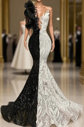 Black Sequin Trumpet Mermaid Long Sleeve Evening Prom Dresses