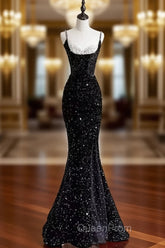 Black Sequins Mermaid Straps Beaded Evening Prom Dresses, Black Sequins Party Dresses