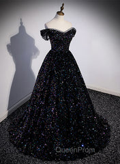 Black Sequins Off Shoulder Beaded Party Dresses, A-line Black Evening Dresses