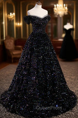 Black Sequins Off Shoulder Beaded Party Dresses, A-line Black Evening Dresses