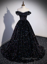 Black Sequins Off Shoulder Beaded Party Dresses, A-line Black Evening Dresses