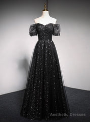 Black Sequins Tulle Puff Sleeve Prom Dress