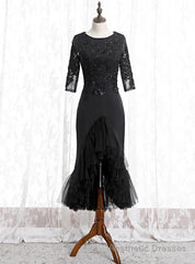 Black Sheath Satin Tulle Appliques Short Sleeve Short Prom Dress