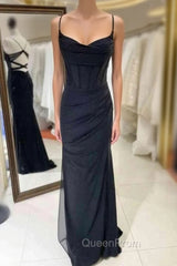 Black Sheath Spaghetti Straps Pleats Evening Prom Dresses