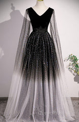 Black Shiny Tulle Gradient Tulle V-Neckline Party Dresses, Black Tulle Evening Prom Dresses