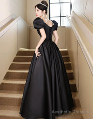 Black Short Sleeves Beaded A-line Satin Prom Dress, Black Satin Party Dress